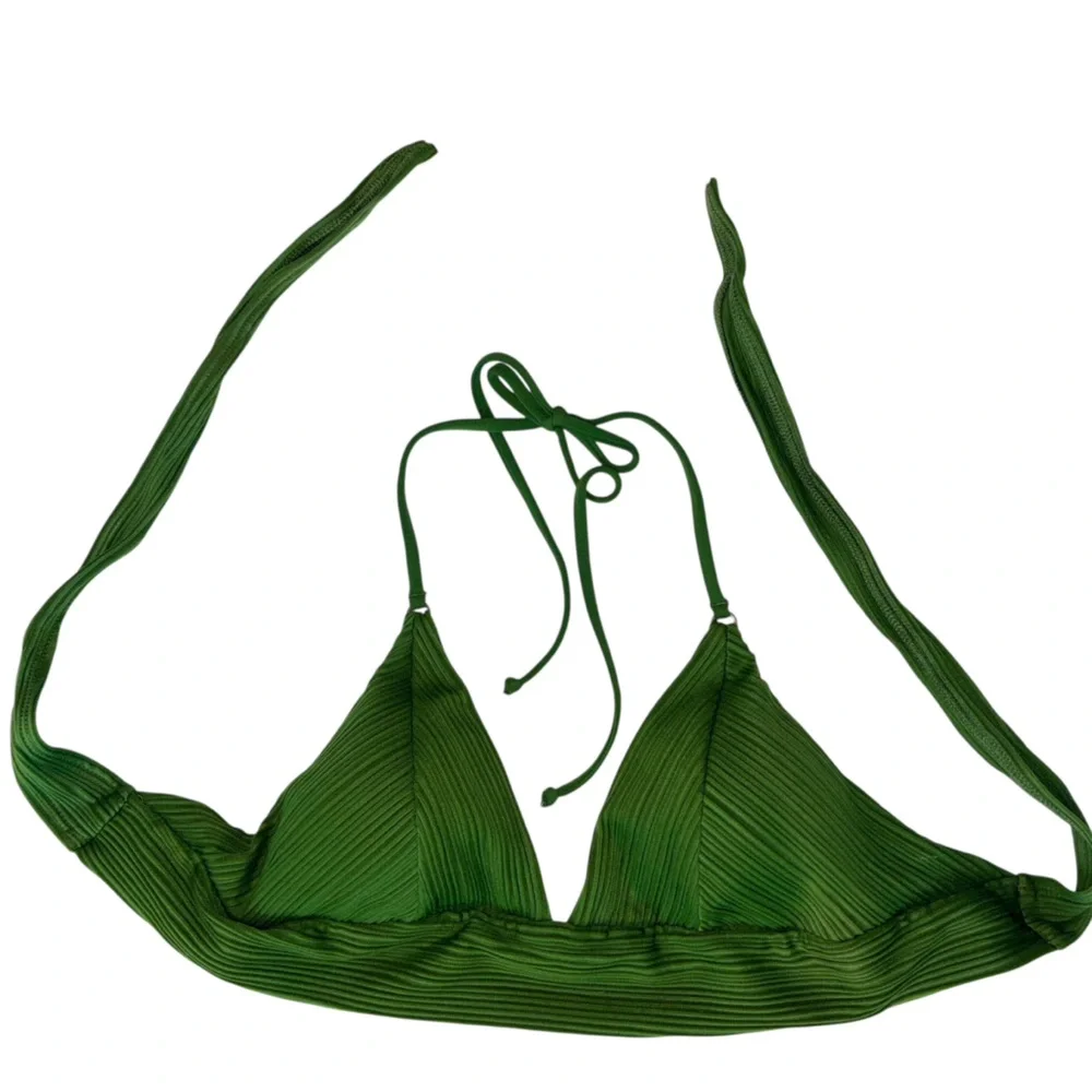 Robin Piccone Lily Ribbed Halter Triangle Bikini Top Basil Green L NWOT